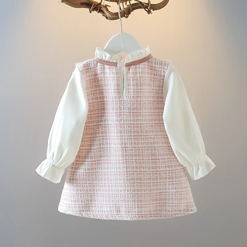 Color: Pink, Kid Size: 18M - Spring and Autumn New Baby Girl Long Sleeve Dress Fake Two Small Checkered Children's Clothes (0-3 Years Old)