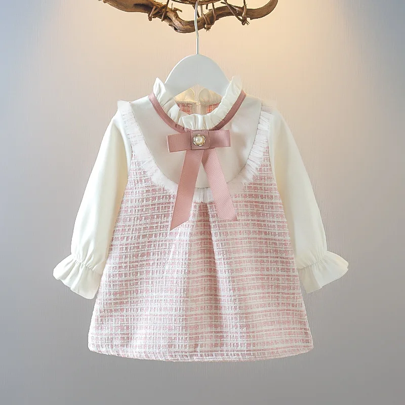 Color: Pink, Kid Size: 18M - Spring and Autumn New Baby Girl Long Sleeve Dress Fake Two Small Checkered Children's Clothes (0-3 Years Old)