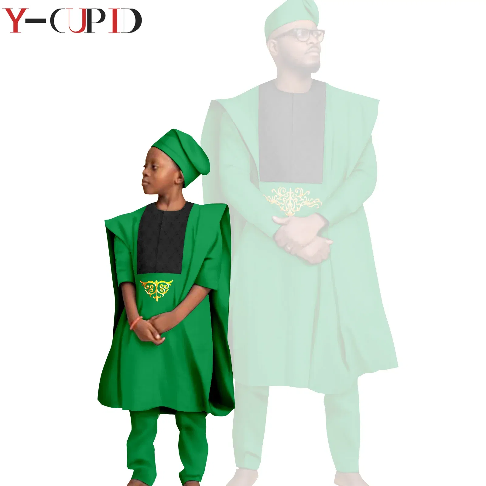 Color: Lavender, Size: L - African Clothes for Men Top Pants Robes Hat Sets Match Kid Boy Sets Dashiki Father and Son Bazin Riche Family Outfits Y20F001
