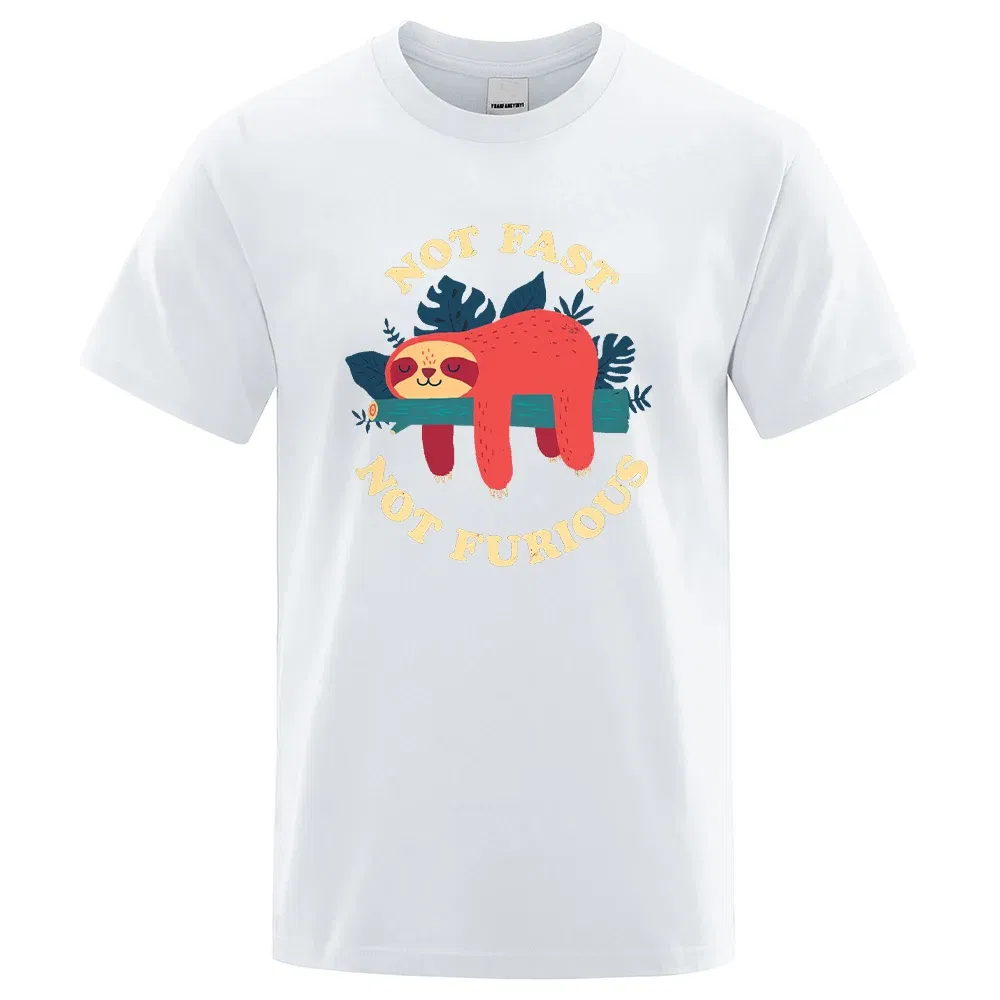Color: WHITE, Size: S - Not Fast Not Furious Sloth Cute Print Men Tee Shirts Breathable Cotton Tops Street Fashion T-shirt Women Casual Summer T Shirts