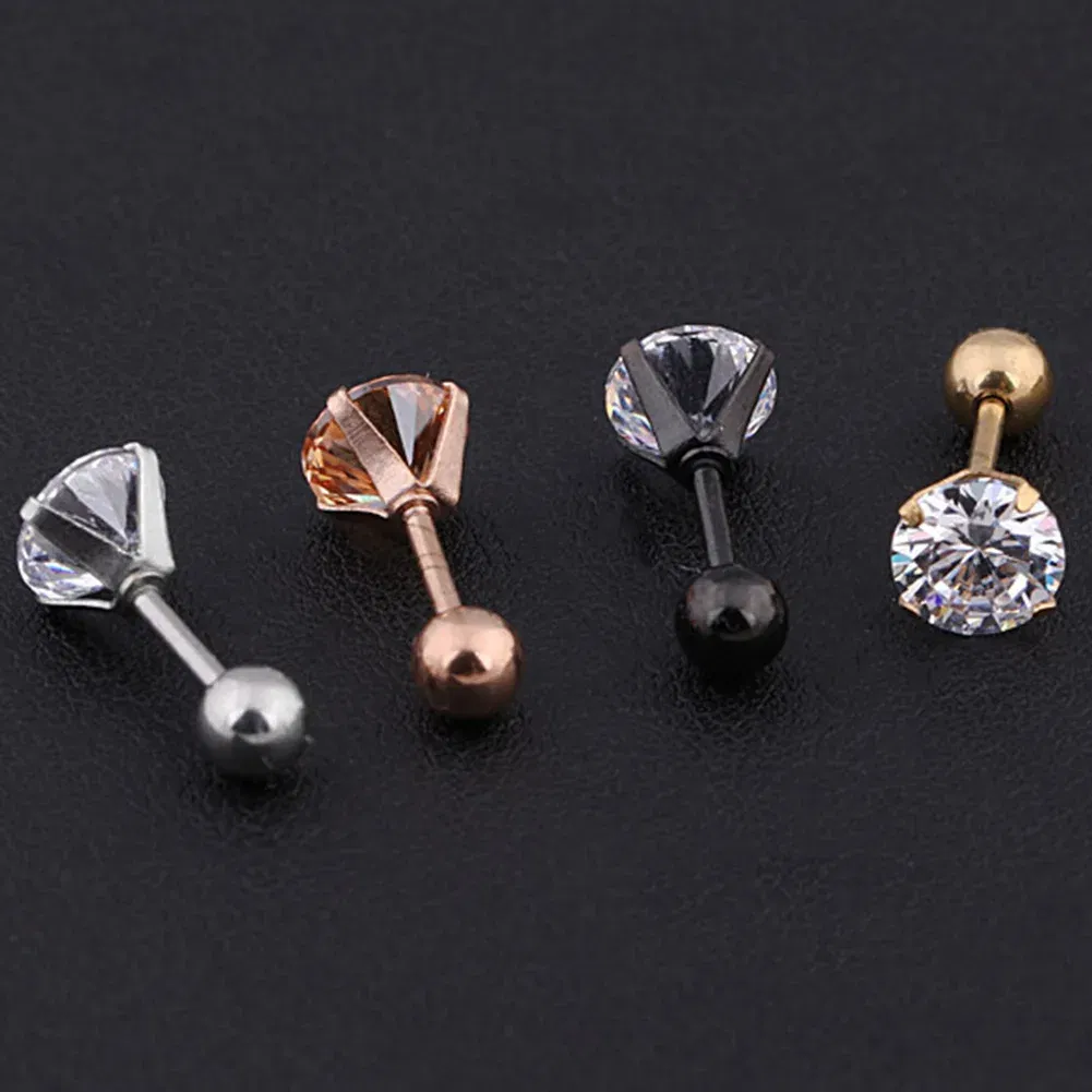 Metal Color: Light Yellow Color, Main Stone Color: WHITE - 1Pc Small Round Cz Tragus Cartilage Titanium Steel 16G 4 Prong Ear Stud Earrings Tragus Helix Piercing Jewelry Sexy Body Jewelry