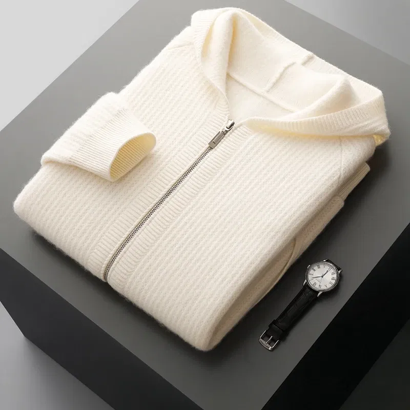 Color: Brown, Size: M, Ships From: CHINA - New Product 100% Merino Wool Knitted Cardigan For Men Hooded Sweater Casual High-end Jacket Men's long Sleeved Wool Sweater Coat