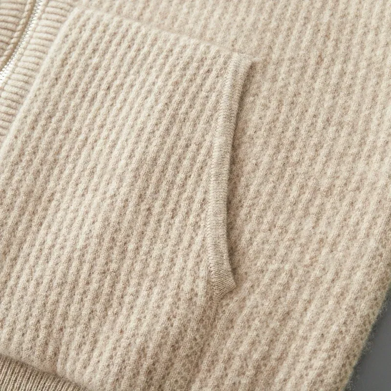 Color: Brown, Size: M, Ships From: CHINA - New Product 100% Merino Wool Knitted Cardigan For Men Hooded Sweater Casual High-end Jacket Men's long Sleeved Wool Sweater Coat