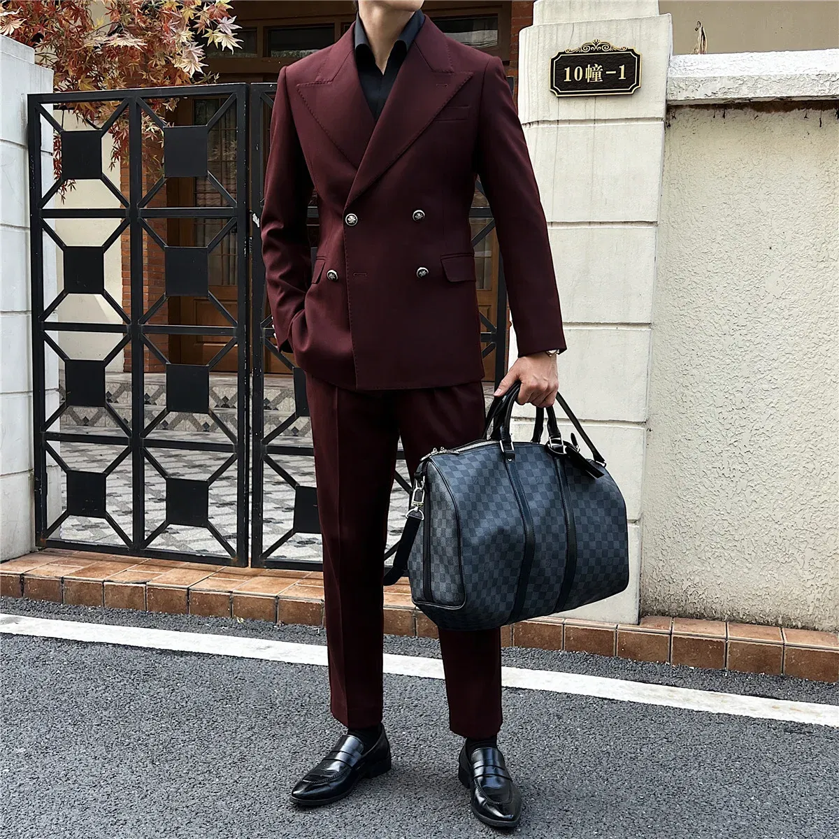Color: black, Size: M - 2Pieces Jackets+Pants Design High Quality Men's Set Elegant Fashion Double Breasted Thick Wedding Dress Blazers And Trousers Set