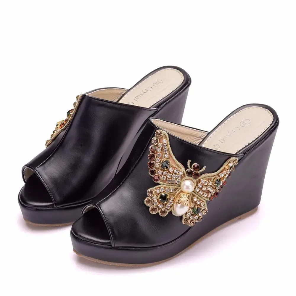 Color: WHITE, Shoe Size: 40 - Crystal Queen 10cm Peep Toe Platform Wedges Slippers High Heels Beach Sandals Women