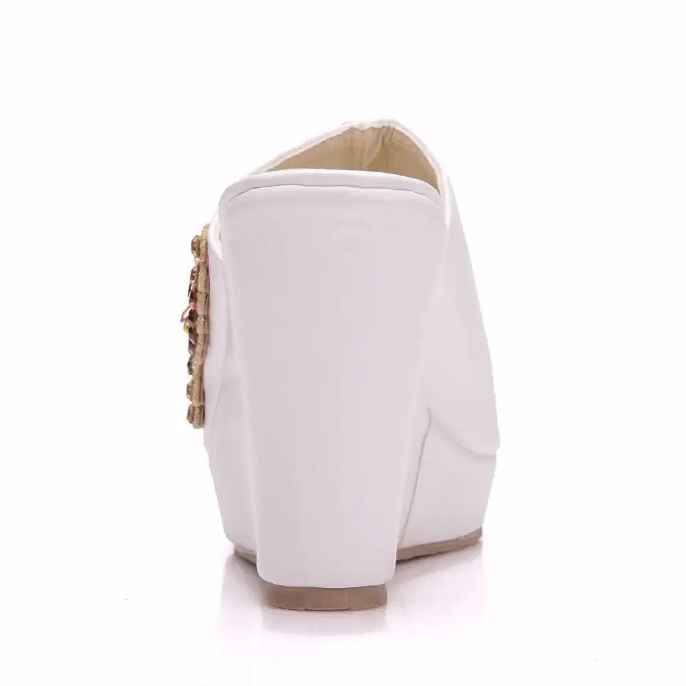 Color: WHITE, Shoe Size: 40 - Crystal Queen 10cm Peep Toe Platform Wedges Slippers High Heels Beach Sandals Women