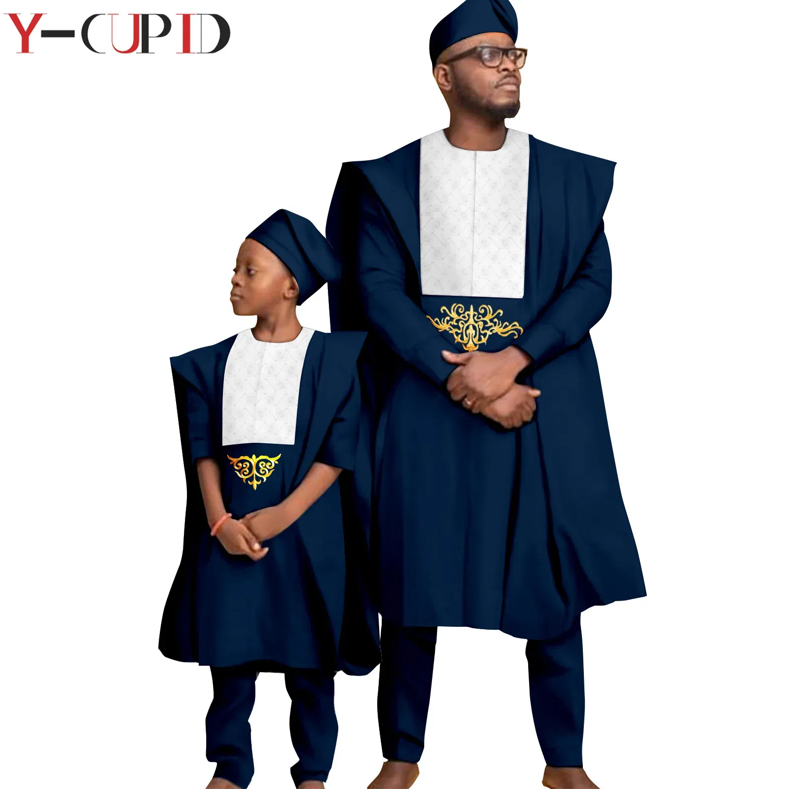 Color: Navy Blue, Size: M - African Clothes for Men Top Pants Robes Hat Sets Match Kid Boy Sets Dashiki Father and Son Bazin Riche Family Outfits Y20F001