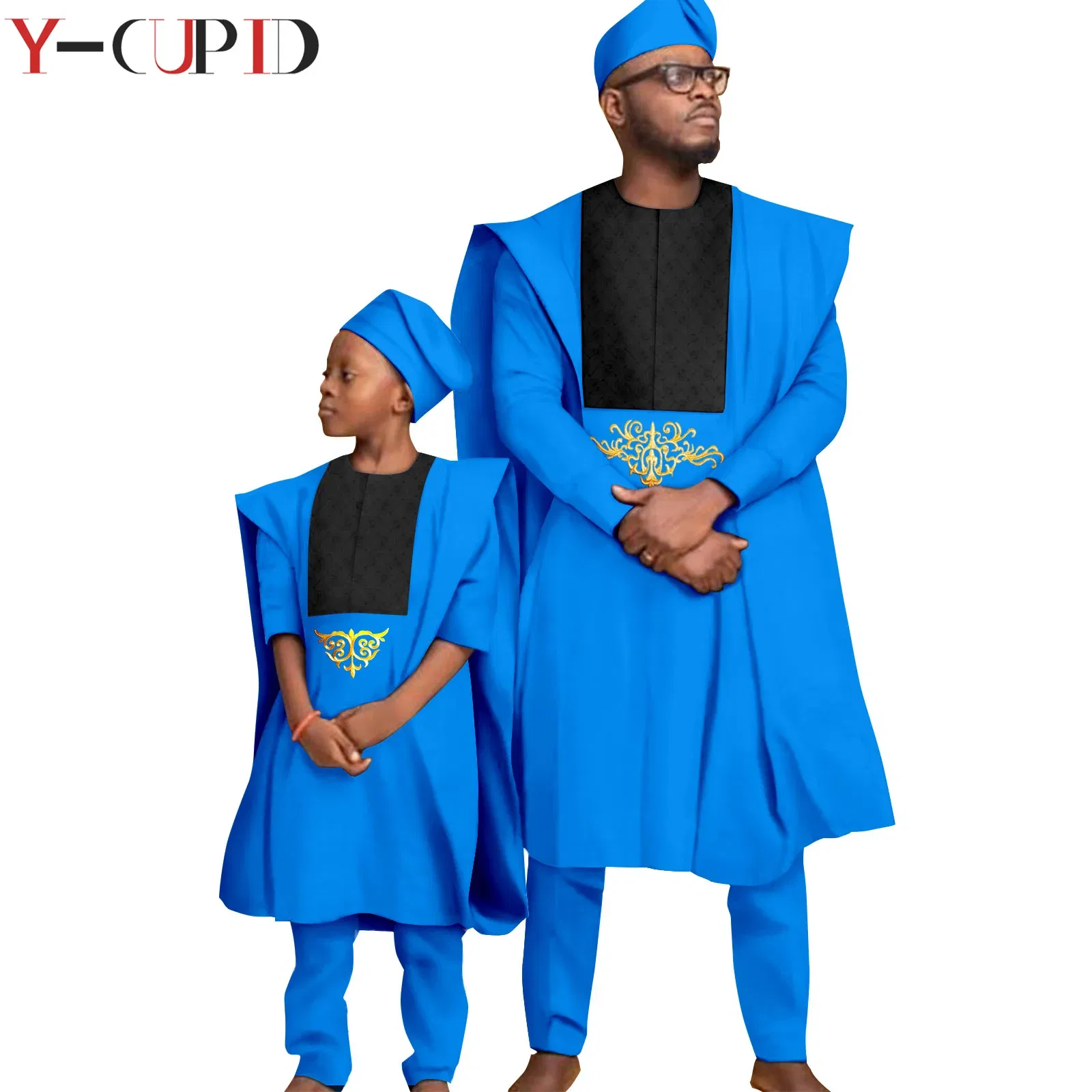 Color: Navy Blue, Size: M - African Clothes for Men Top Pants Robes Hat Sets Match Kid Boy Sets Dashiki Father and Son Bazin Riche Family Outfits Y20F001