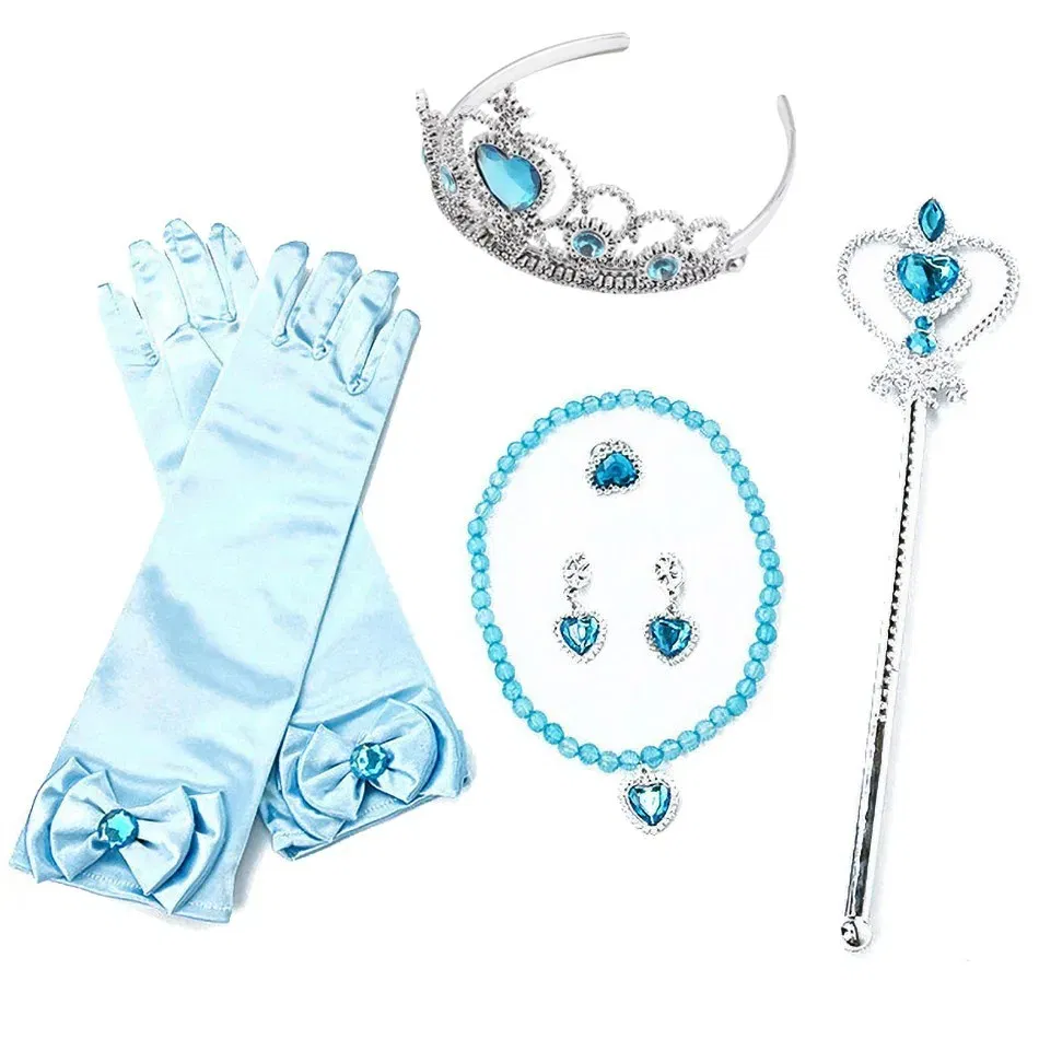 Color: Black - Girls Princess Accessories Kids Party Costume Aurora Belle Sofia Snow Queen Elsa Anna Magic Wand Crown Tiara Gloves Wig Braid