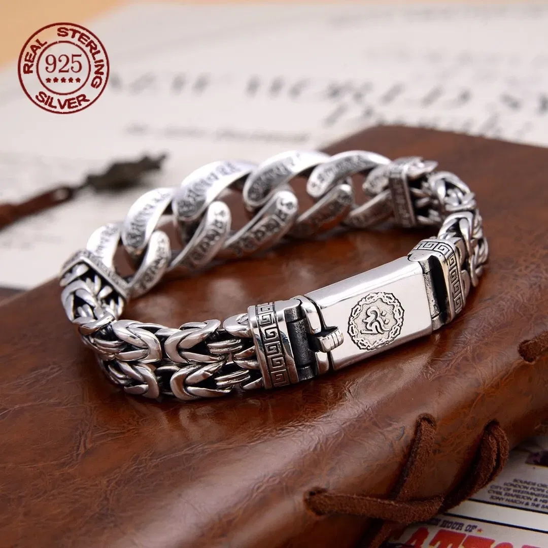 Metal Color: Light Yellow Gold Color, Gem Color: green, Ships From: CHINA, Length: 23cm - S925 Sterling Silver Personalized Men and Women Bracelets Six-Character Peace Pattern Cuban Chain Jewelry Exquisite Gift