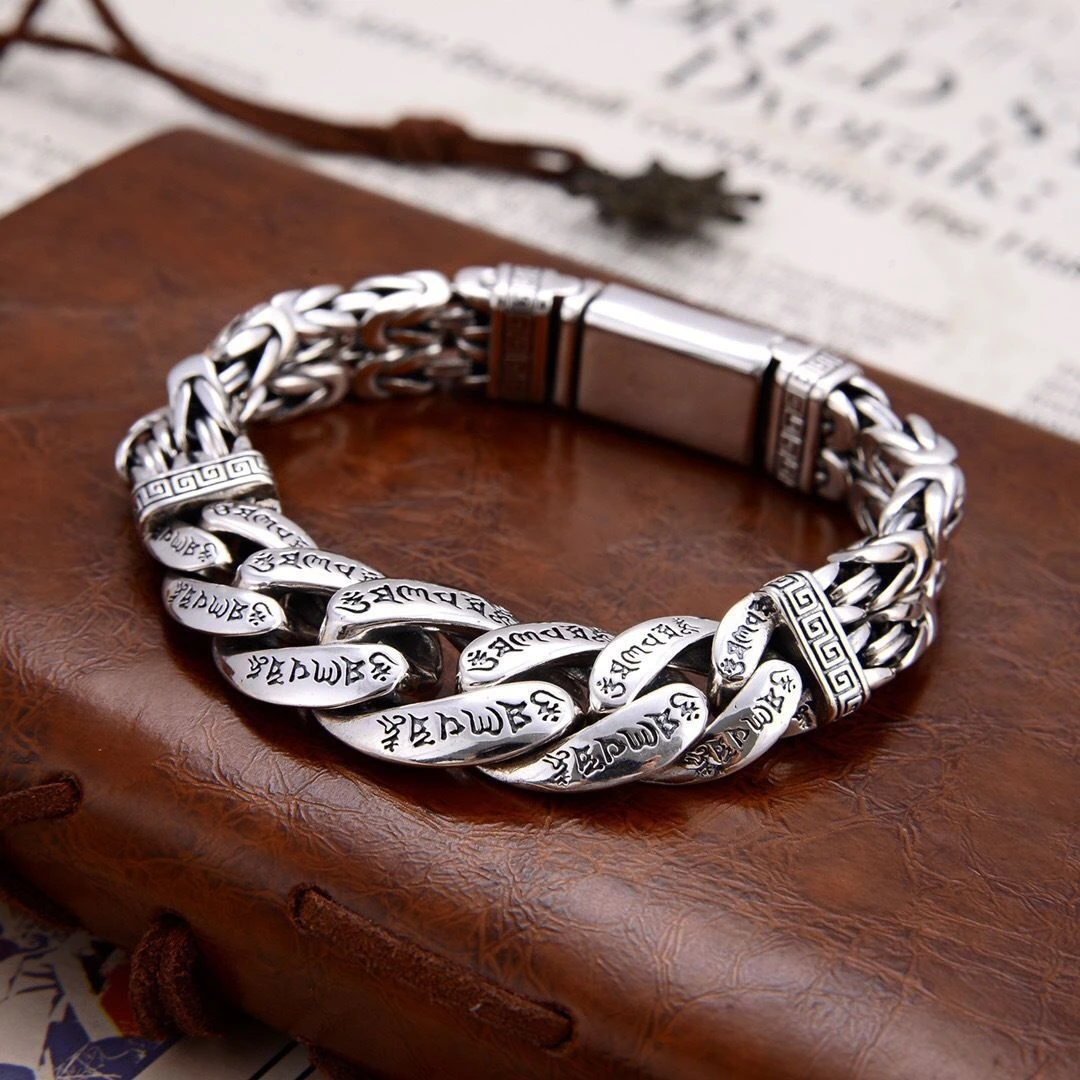 Metal Color: Light Yellow Gold Color, Gem Color: green, Ships From: CHINA, Length: 23cm - S925 Sterling Silver Personalized Men and Women Bracelets Six-Character Peace Pattern Cuban Chain Jewelry Exquisite Gift