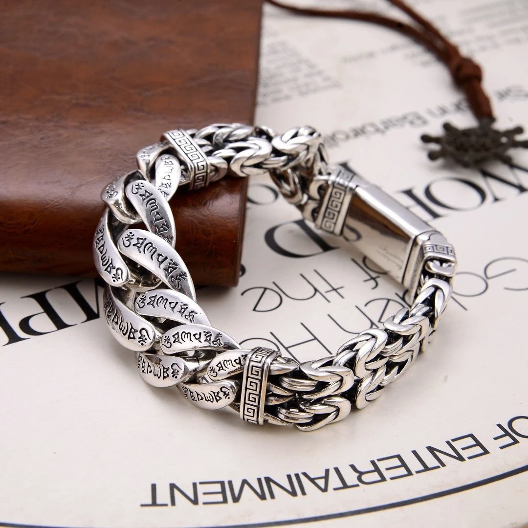 Metal Color: Light Yellow Gold Color, Gem Color: green, Ships From: CHINA, Length: 23cm - S925 Sterling Silver Personalized Men and Women Bracelets Six-Character Peace Pattern Cuban Chain Jewelry Exquisite Gift
