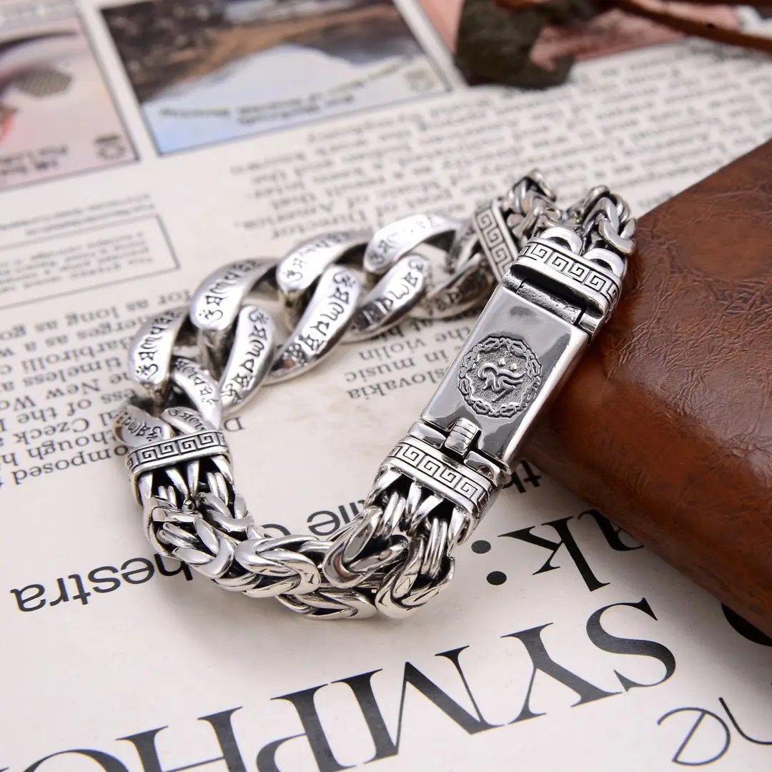 Metal Color: Light Yellow Gold Color, Gem Color: green, Ships From: CHINA, Length: 23cm - S925 Sterling Silver Personalized Men and Women Bracelets Six-Character Peace Pattern Cuban Chain Jewelry Exquisite Gift