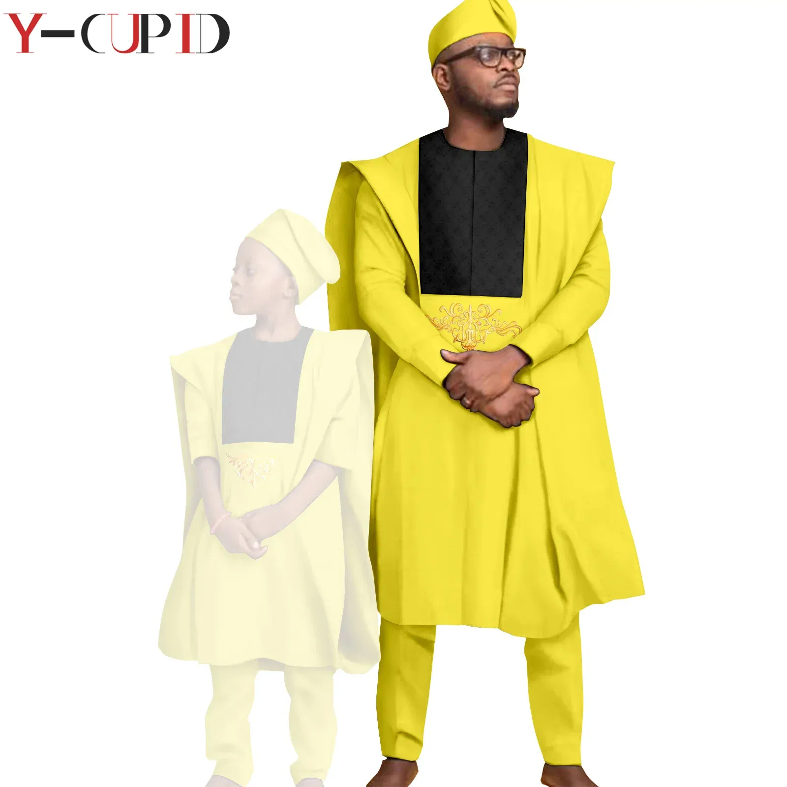 Color: Dark Grey, Size: M - African Clothes for Men Top Pants Robes Hat Sets Match Kid Boy Sets Dashiki Father and Son Bazin Riche Family Outfits Y20F001