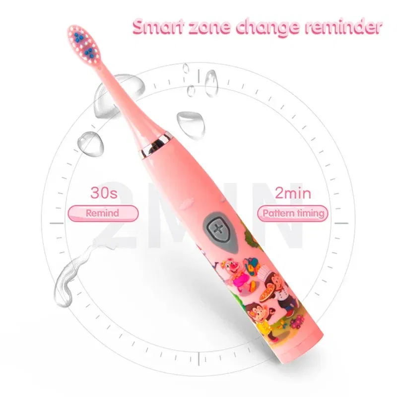 Color: Chocolate - Sonic Children Electric Toothbrush Colorful Cartoon Cute Pattern Ultrasonic Rechargeable Soft Hair Smart Brush Oral Cleaning