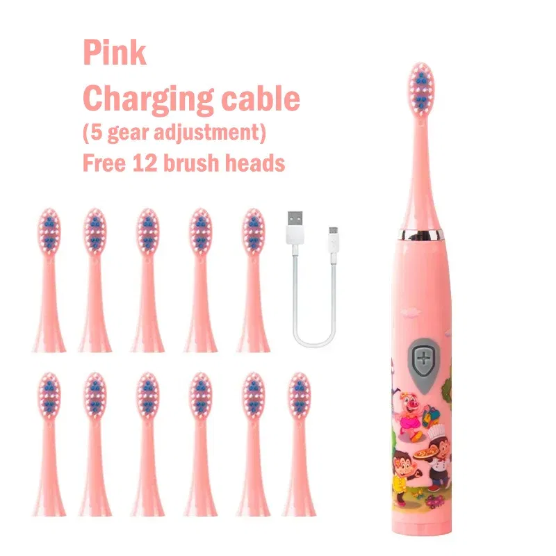 Color: Chocolate - Sonic Children Electric Toothbrush Colorful Cartoon Cute Pattern Ultrasonic Rechargeable Soft Hair Smart Brush Oral Cleaning