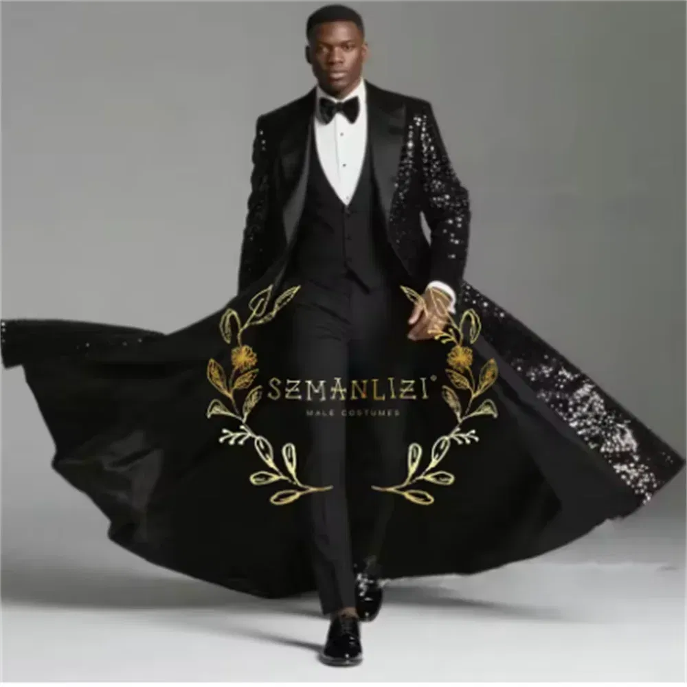 Color: Red, Size: M - Burgundy Shiny Sequin Suits Men 3 Pieces Sets Single Breasted Groom Long Blazer Costume Homme Wedding Tuxedo Male Clothing