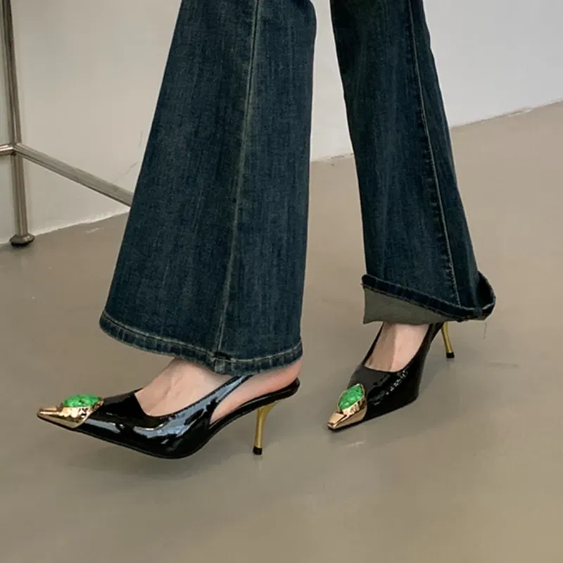 Color: wine red, Shoe Size: 37 - Sexy Women's High Heels Mules 2025 New Fashion Pointed Dress Women's Shoes Open Heel Party High Heels Striptease Sandals Women