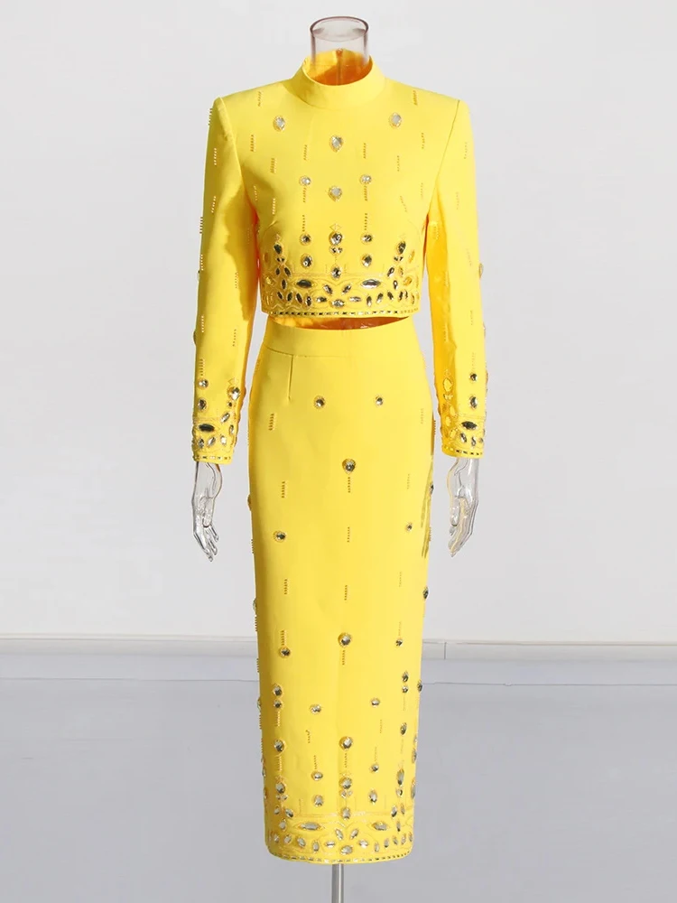 Color: Yellow, Size: S - Spliced Diamonds Two Piece Set For Women Stand Collar Long Sleeve Tops High Waist Skirt Elegant Chic Set Female Fashion New