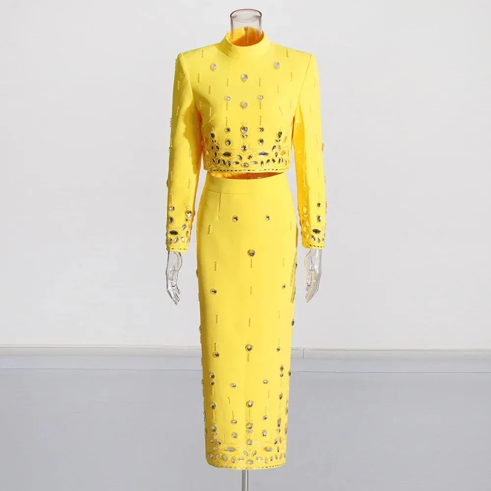 Color: Yellow, Size: S - Spliced Diamonds Two Piece Set For Women Stand Collar Long Sleeve Tops High Waist Skirt Elegant Chic Set Female Fashion New