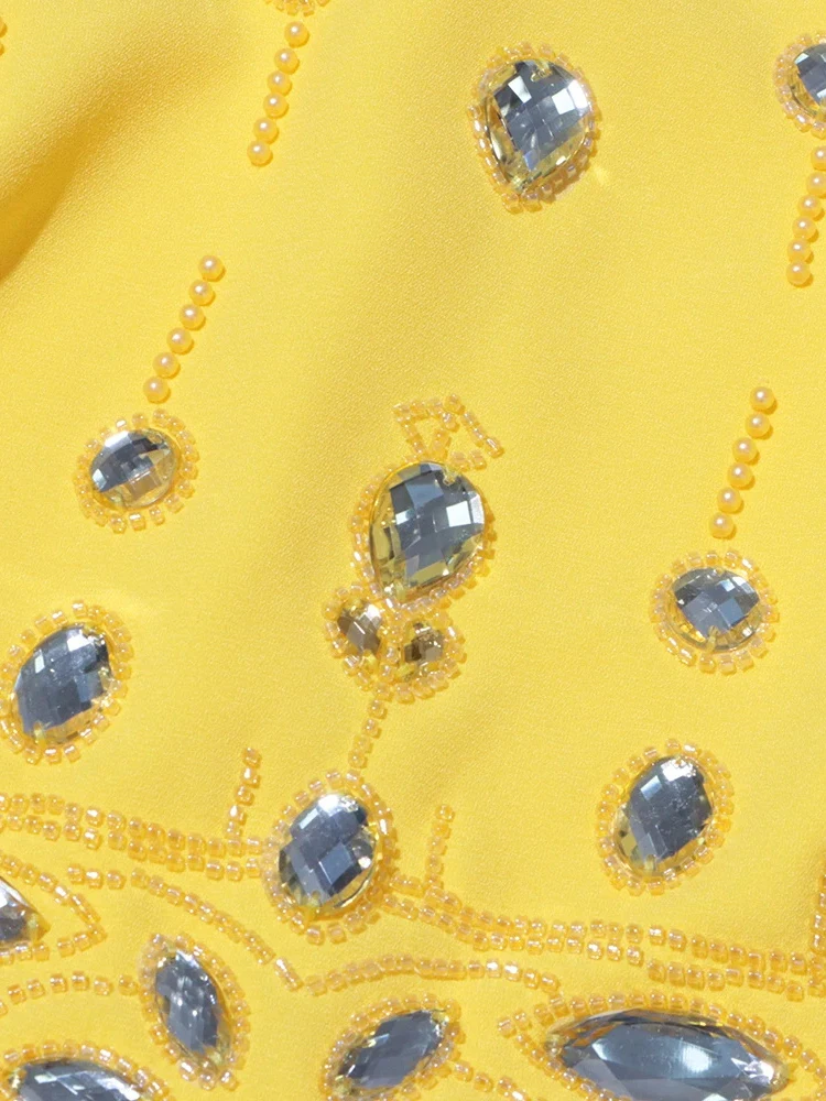 Color: Yellow, Size: S - Spliced Diamonds Two Piece Set For Women Stand Collar Long Sleeve Tops High Waist Skirt Elegant Chic Set Female Fashion New