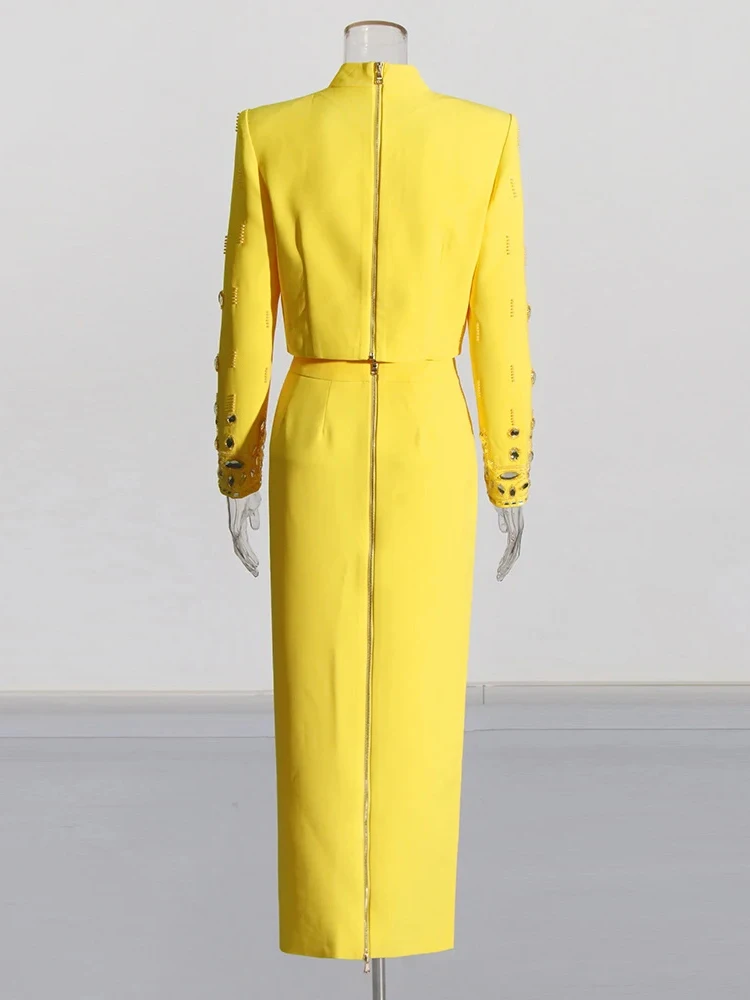 Color: Yellow, Size: S - Spliced Diamonds Two Piece Set For Women Stand Collar Long Sleeve Tops High Waist Skirt Elegant Chic Set Female Fashion New