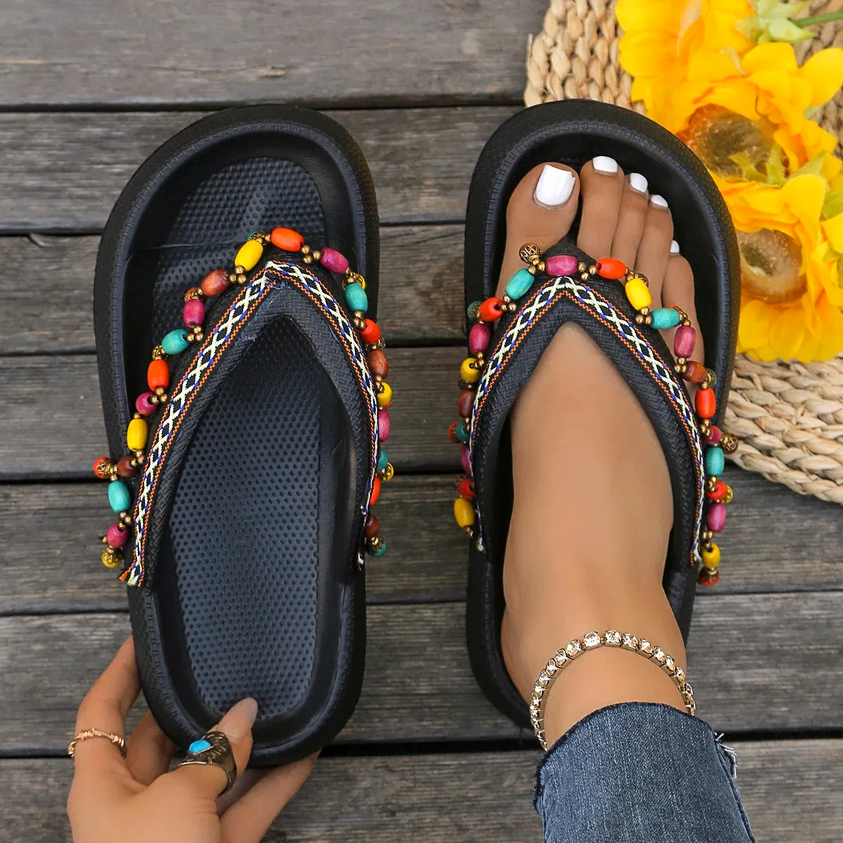 Color: Mustard, Shoe Size: 40-41 - Summer Multi Color Women's Flip Flops Fashionable Metallic Teddy Bear Bow Slide Sandal Beach Vacation Home Versatile Footwear