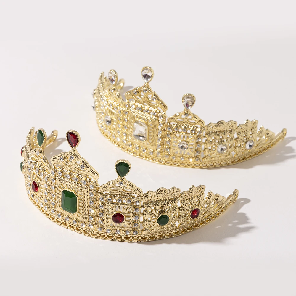 Metal color: Imitation Rhodium Plated - LUIZADA European Princess Queen Round Headdress Moroccan Bride Crystal Crown King Bride Headdress Wedding Hair Accessories