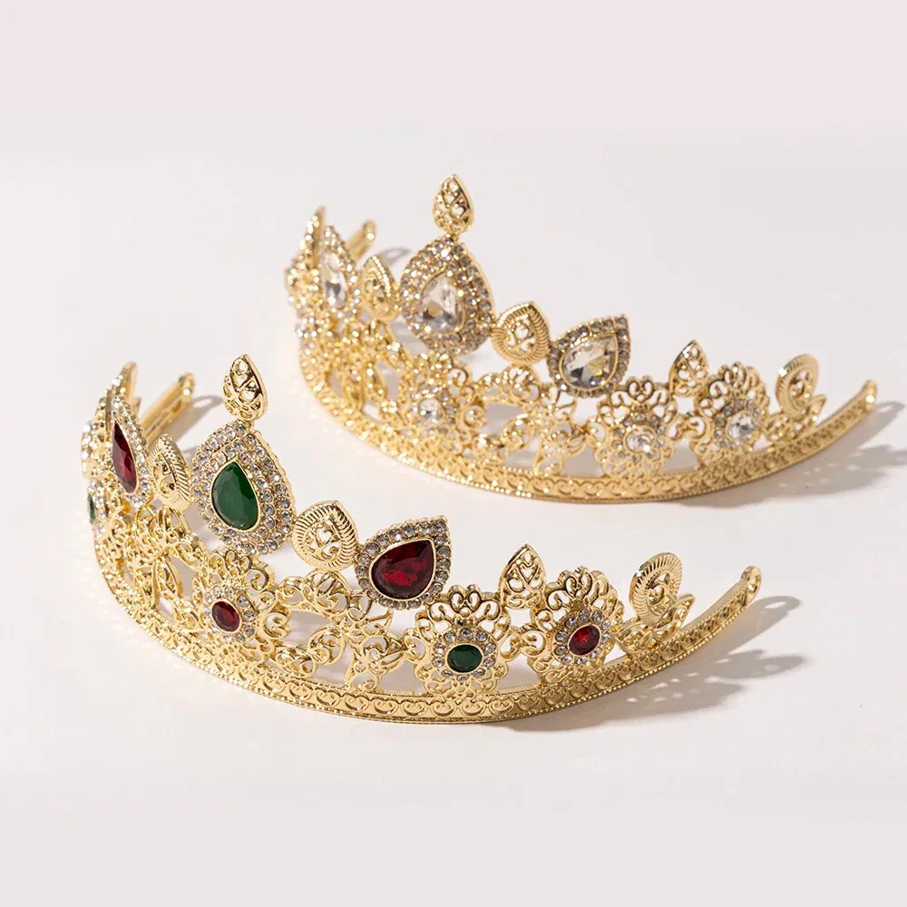 Metal color: Imitation Rhodium Plated - LUIZADA European Princess Queen Round Headdress Moroccan Bride Crystal Crown King Bride Headdress Wedding Hair Accessories