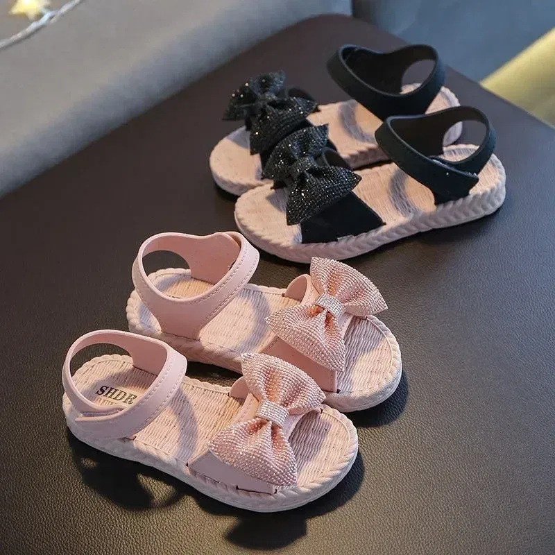 Color: Beige, Shoe Size: 4 - Girls Sandals 2024 Summer Princess Children Sandals Bow Tie Girl Shoes Fashion Casual Non Slip Kids Beach Shoes