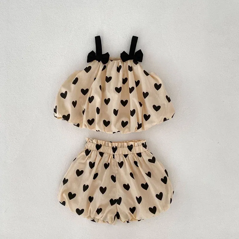Color: Khaki, Kid Size: 6M - Summer 2PCS Heart Print Cotton Baby Girls Suits Sleeveless Bow Double Layer Apricot Strap Top Toddler Shorts Set, Versatile