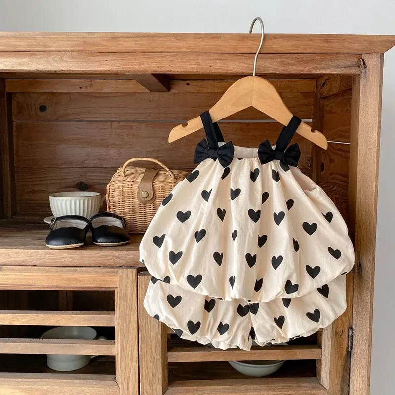 Color: Khaki, Kid Size: 6M - Summer 2PCS Heart Print Cotton Baby Girls Suits Sleeveless Bow Double Layer Apricot Strap Top Toddler Shorts Set, Versatile