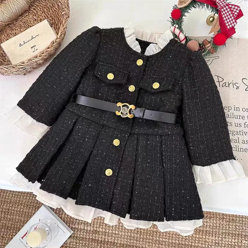 Color: Beige, Kid Size: 2T - 2025 Fall Winter Girls' Fleece-Lined Dress Plush Cotton Padded Party Dress Chic Tweed A-Line Outfit Warm Elegant Toddler Gown