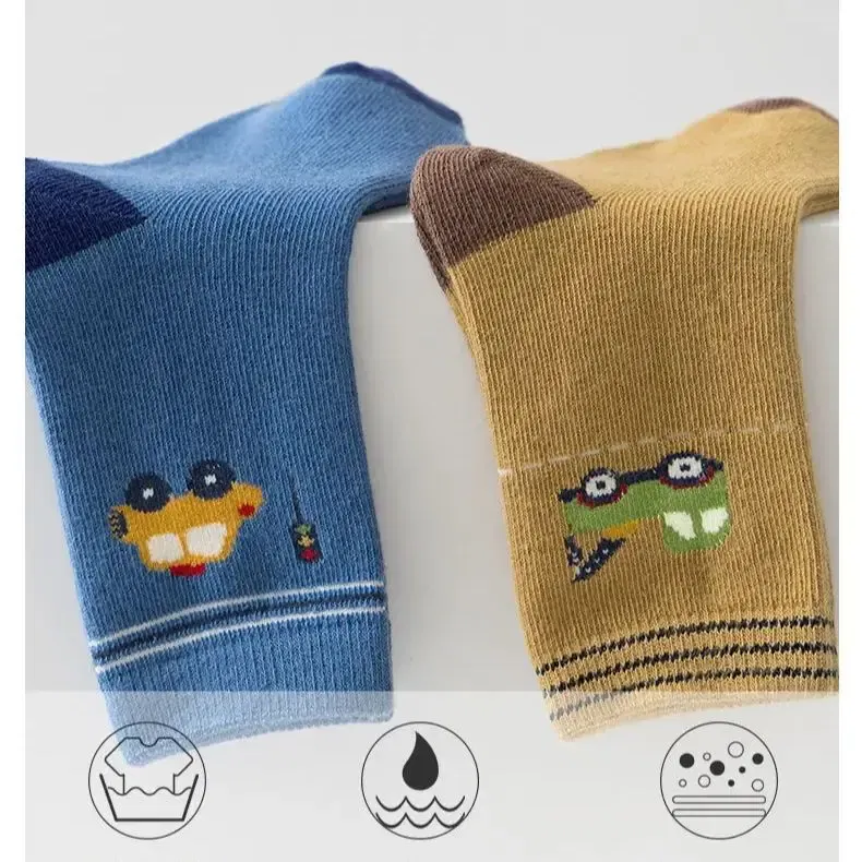 Color: Beige, Size: 2-3T - Autumn Socks Baby Socks Cute Truck Car Pattern Socks Boys Medium Socks Kids Autumn Winter Cotton Socks 5packs
