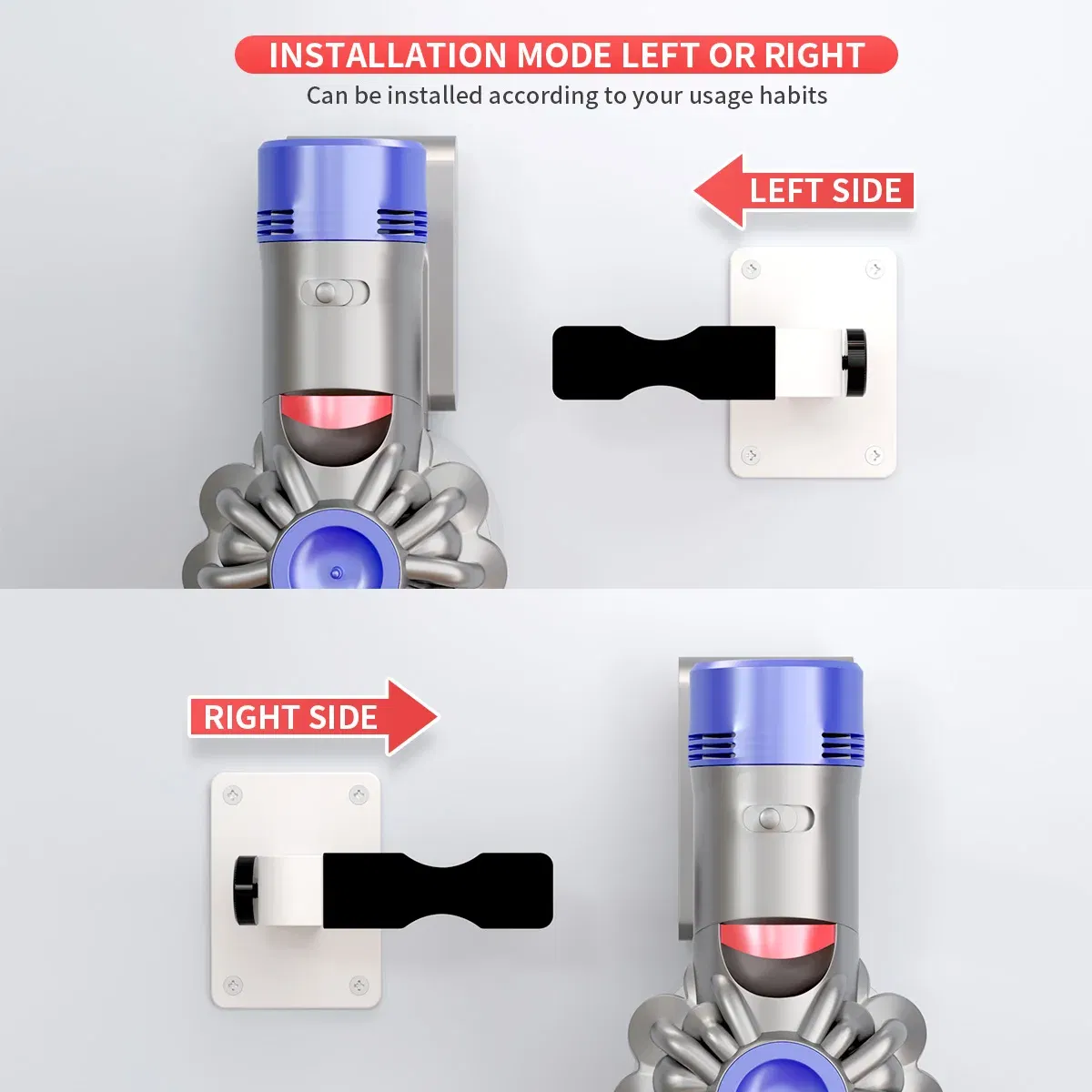 Color: GRAY - Adjustable Wall Mount Holder for Shark Dyson Airbot Haier Vacuum Cleaner Adhesive No Drilling or Drill Wall Hanger Black Gray