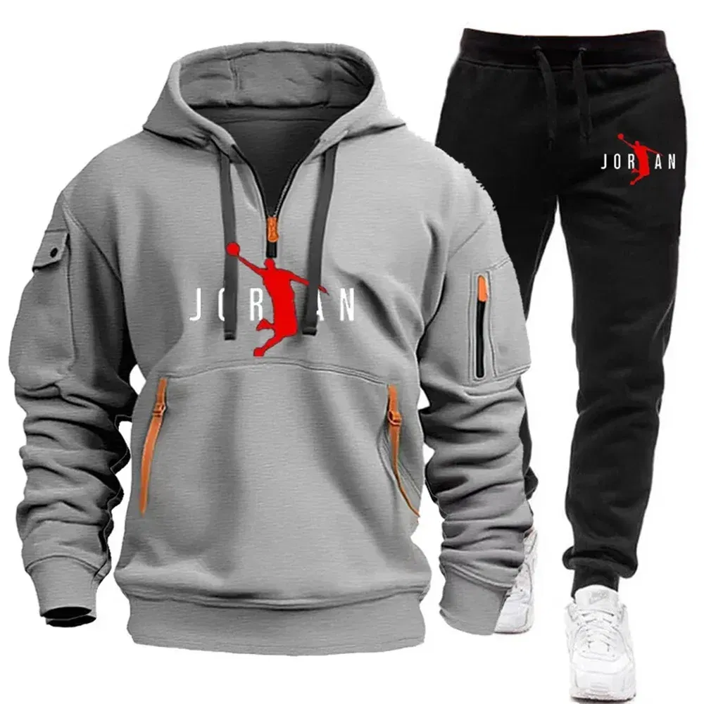 Color: Gold, Size: L - 2025 new men's zipper multi-pocket hoodie loose casual sweater suit spring and autumn European size new fashion print