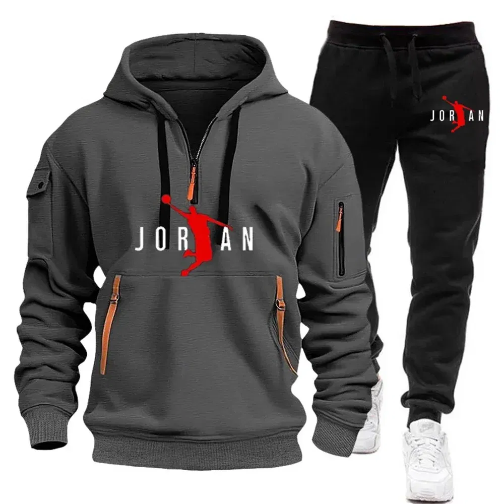 Color: Gold, Size: L - 2025 new men's zipper multi-pocket hoodie loose casual sweater suit spring and autumn European size new fashion print