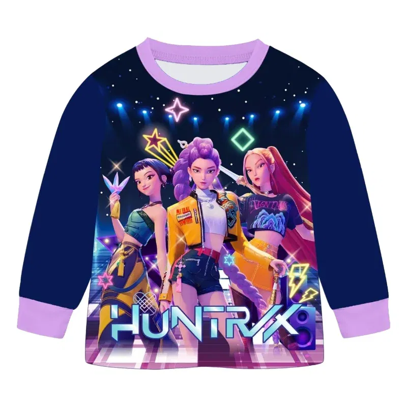 Color: black, Size: 25cm - 2pcs Movie K-pops Demons Hunters Kawaii Pajamas Set Girl Cosplay Nightwears Anime Long Sleeve tops+Pants Fans Halloween Gift