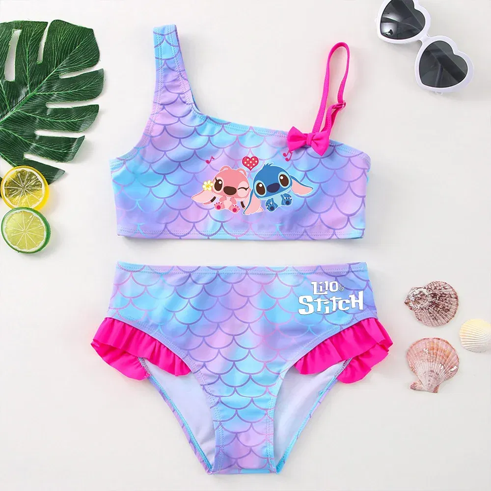 Color: Pink, Size: XL - Lilo Stitch Girls Swimsuit One-Piece Bathing Suits Children's Dresses Summer Swimwear Beach Suit Kids Wear Fashion Mermaid Fish