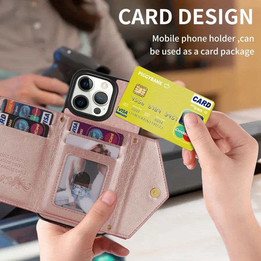 Color: Pink, Material: PVC - Wallet Side Card Zipper Flip Crossbody Leather Case For iPhone 15 14 Pro Max 13 Mini 12 11 SE 2022 2020 X XS XR 8 7 6 6s Plus