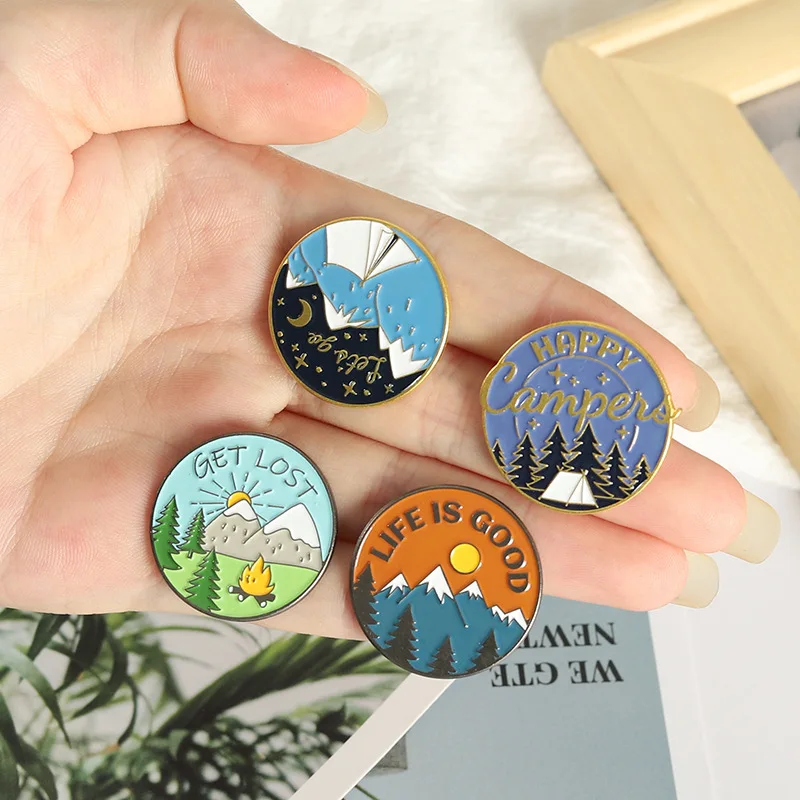Metal color: Pure Gold Color - Travel Brooch Field Crossing Hiking Scenery Snow Scene Mountain Peak Alloy Clothing Accessories Backpack Brooch Badge Lapel Pins