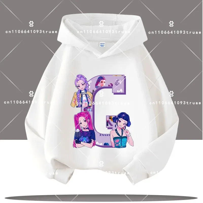 Color: GRAY, Kid Size: 7 - K-pop Demon Hunters Letter A-Z 3-12 Year Old Children Hooded Sweatshirt Girls' Casual Shirt Boys' Sports Shirt Cartoon Print