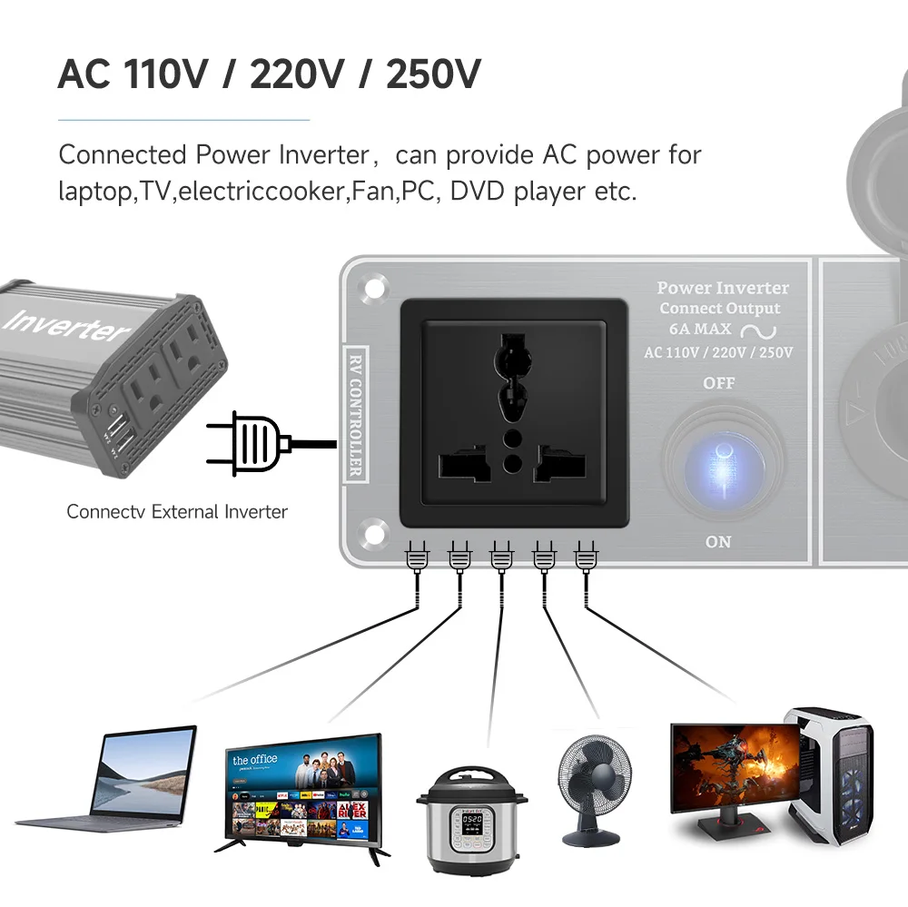 Color Name: Gold, Ships From: CHINA - Car Charger Multi-Functions Aluminum Panel Inverter AC110V 220V Dual Port USB QC3.0 12V 24V for RV Yacht Travel Trailers
