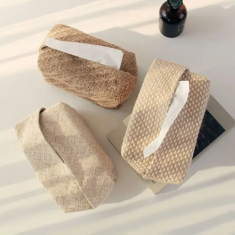 Color: Black - Checkerboard Woven Tissue Box PU Leather Napkin Case Living Room Office Desktop Home Decoration Creative Paper Towel Cover