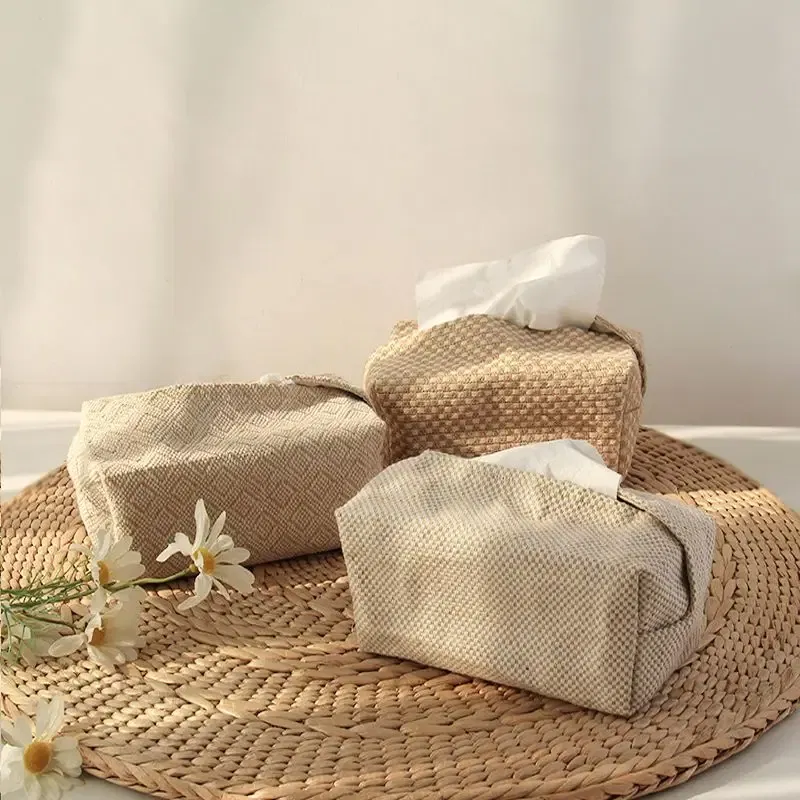 Color: Black - Checkerboard Woven Tissue Box PU Leather Napkin Case Living Room Office Desktop Home Decoration Creative Paper Towel Cover