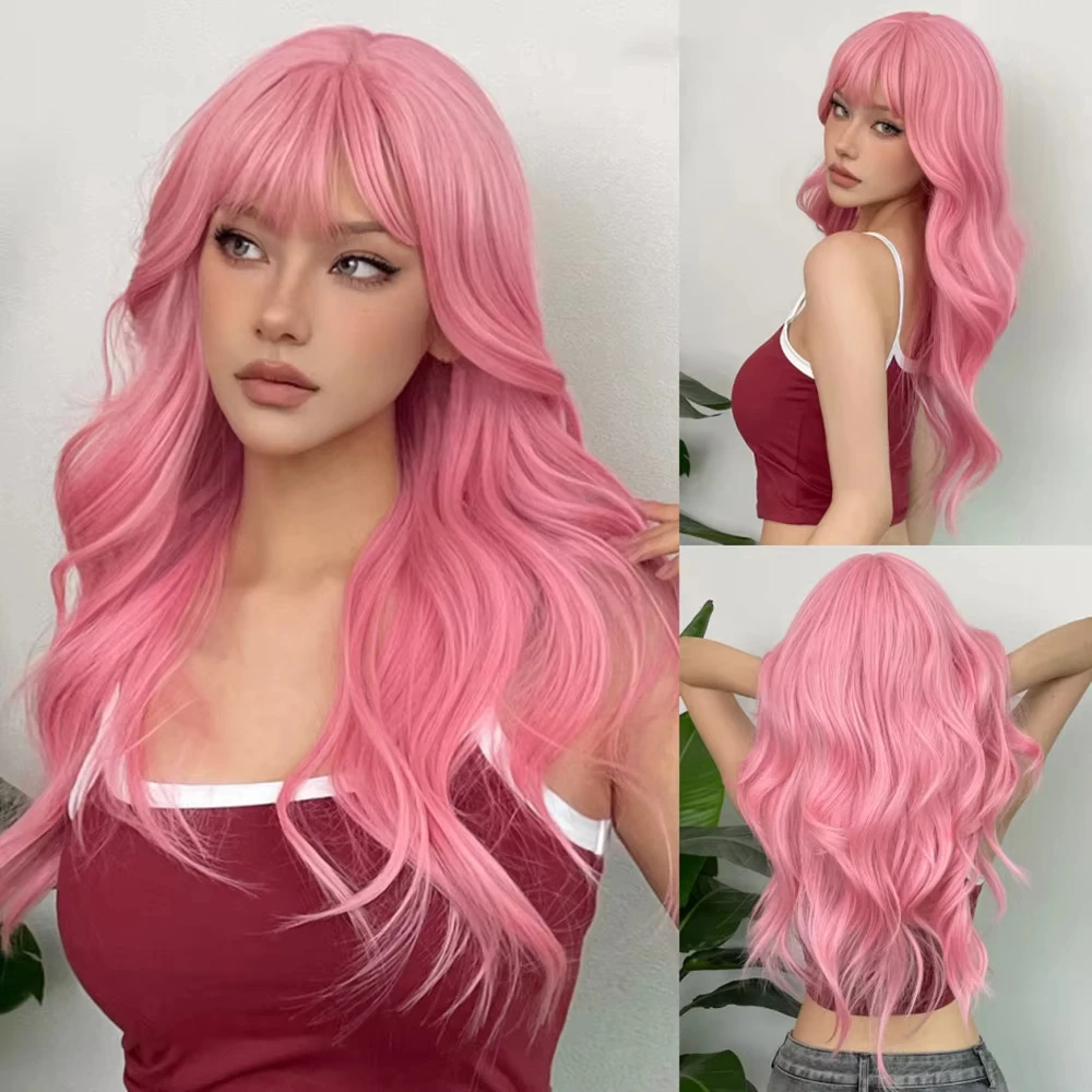 Color: P27/613 - Blonde synthetic wig with straight bangs Ladies Cosplay wig High temperature silk wig set with big waves and long curly hair