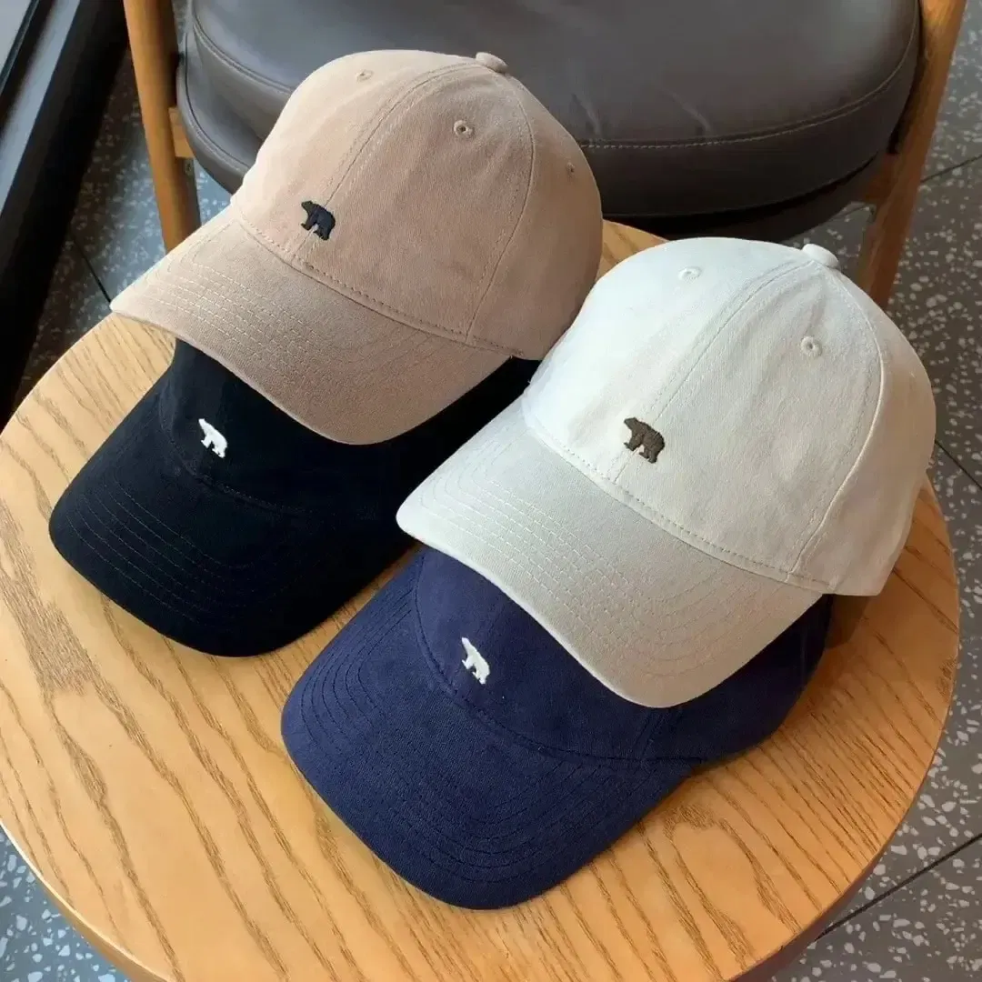 Size: Adjustable, Age Range: >8Y, Color: Khaki - Hat Female Spring/Summer American Embroidered Wide Brimmed Baseball Hat Female Sunshade Soft Top Polar Bear Duck Tongue Hat Male
