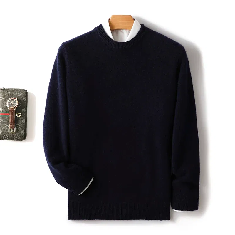 Color: Navy Blue?€ AE existing skus?‰, Size: M, Ships From: CHINA - Men's 100% Pure Wool Cashmere Sweater O-Neck Pullover Knit Sweater Autumn and Winter New Long Sleeve High-End Jumpers Thick Tops