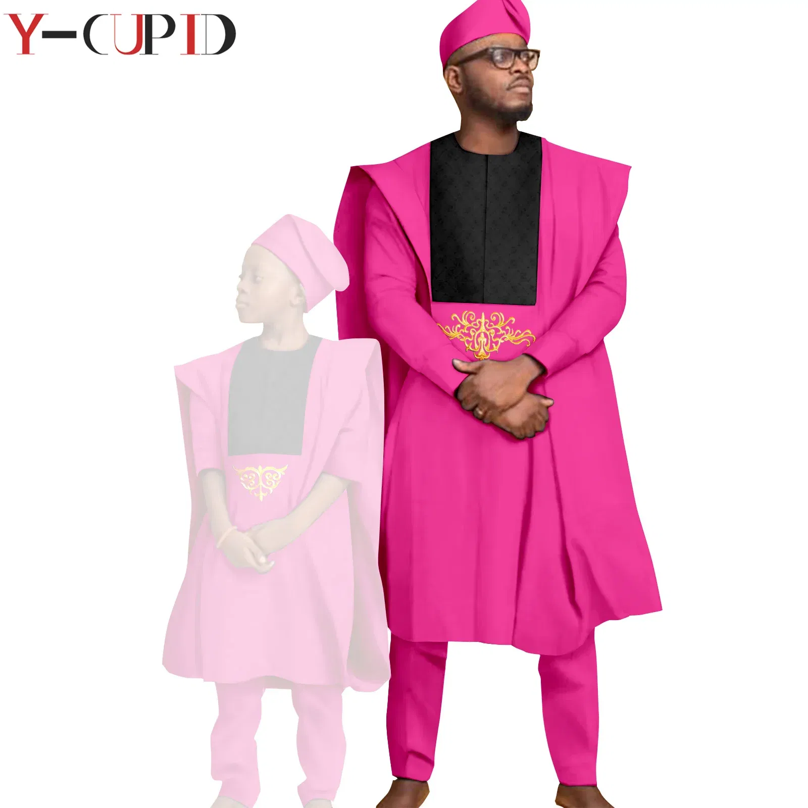 Color: green, Size: Mother 3XL  - African Clothes for Men Top Pants Robes Hat Sets Match Kid Boy Sets Dashiki Father and Son Bazin Riche Family Outfits Y20F001