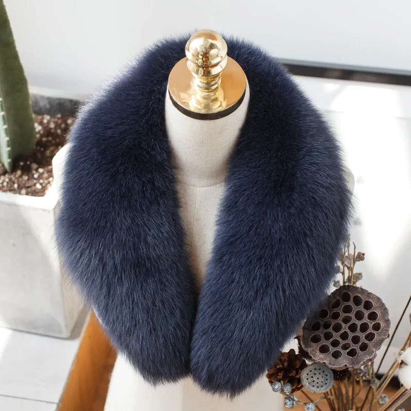 Color: Dark Khaki, Size: L - 100% Natural Real Fox Fur Collar For Women Men Coat Jacket Fur Scarf Winter Extra Large Size Neck Warmer Fur Scarf Shawls Wraps